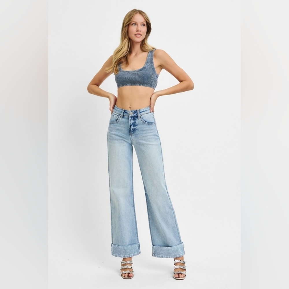 Risen High Rise Tummy Control Light Wash Wide Leg Cuffed Denim Jeans Various NEW